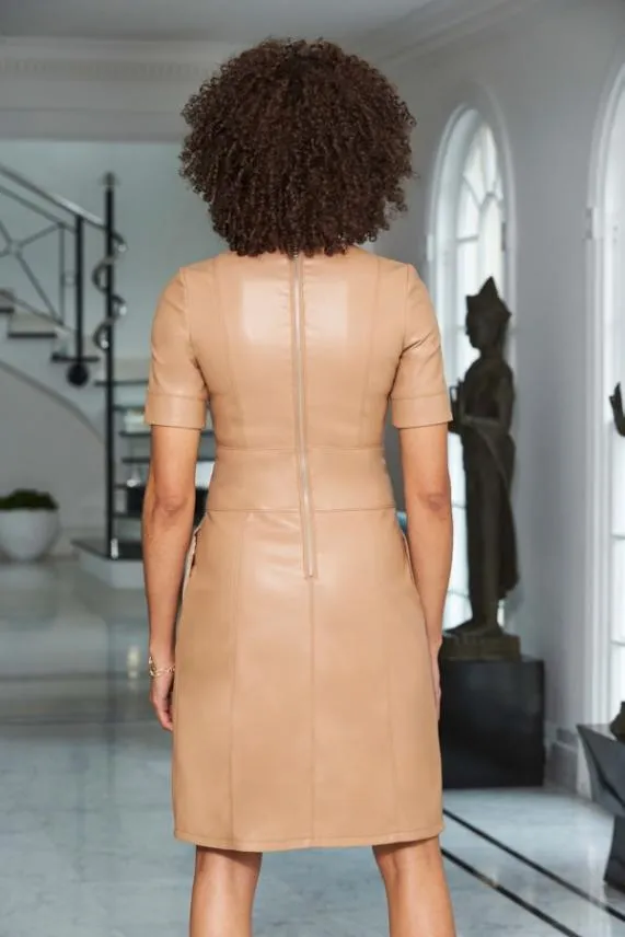 Sosandar Camel Leather Look Panelled Shift Dress Camel Women Dresses