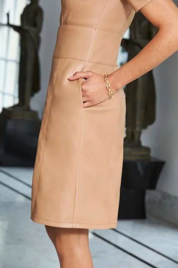 Sosandar Camel Leather Look Panelled Shift Dress Camel Women Dresses