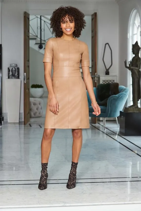 Sosandar Camel Leather Look Panelled Shift Dress Camel Women Dresses
