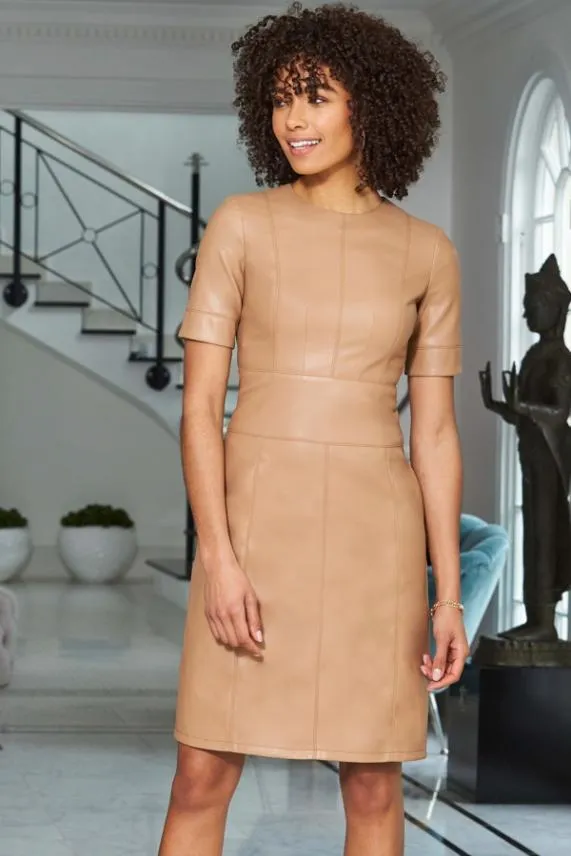 Sosandar Camel Leather Look Panelled Shift Dress Camel Women Dresses