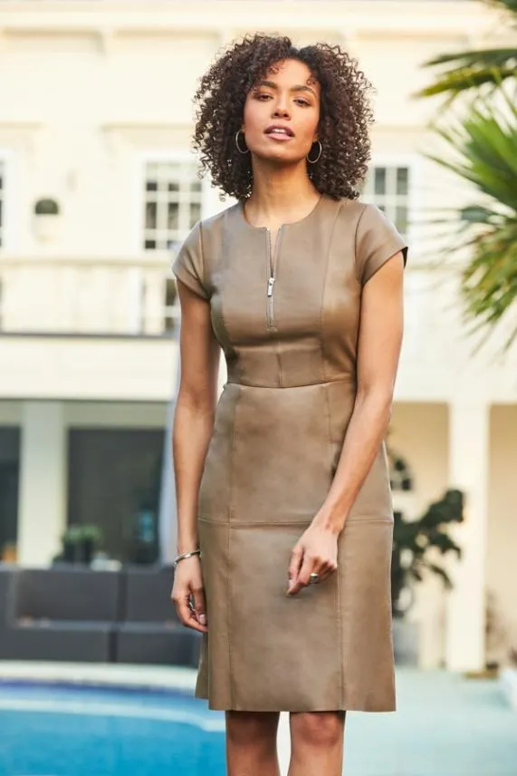 Sosandar Camel Luxury Leather Zip Front Fit and Flare Dress Camel Women Dresses
