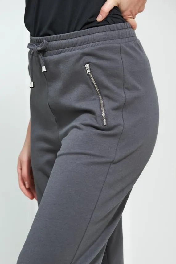 Sosandar Charcoal Grey Premium Jersey Silver Zip Detail Joggers Charcoal Grey Women Loungewear