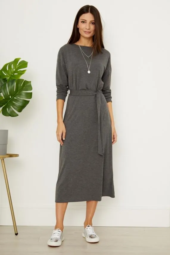 Sosandar Charcoal Marl Jersey Belted Midi Dress Women Dresses