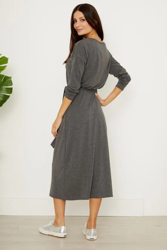 Sosandar Charcoal Marl Jersey Belted Midi Dress Women Dresses