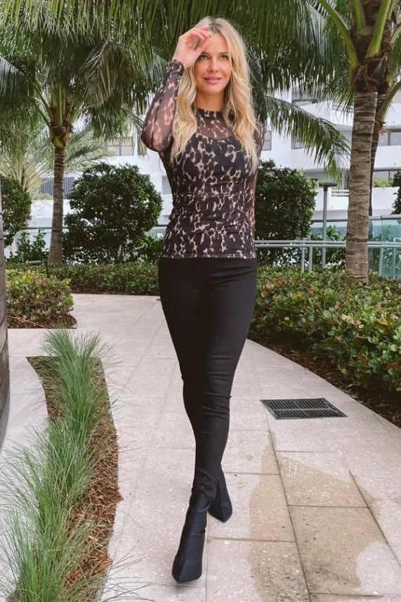 Sosandar Chocolate Animal Print Mesh Top Women Tops