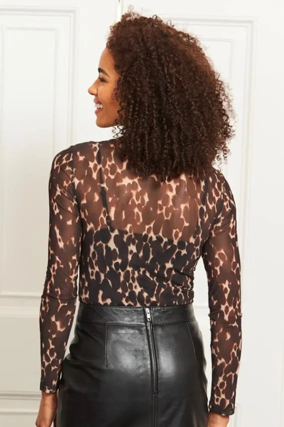Sosandar Chocolate Animal Print Mesh Top Women Tops