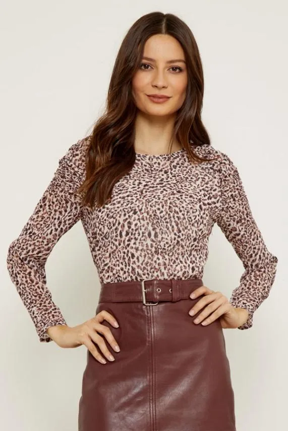Sosandar Chocolate Leopard Print Ruched Shoulder Top Women Tops