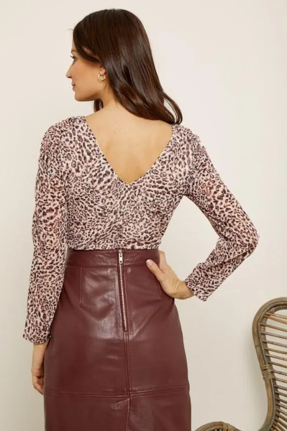 Sosandar Chocolate Leopard Print Ruched Shoulder Top Women Tops
