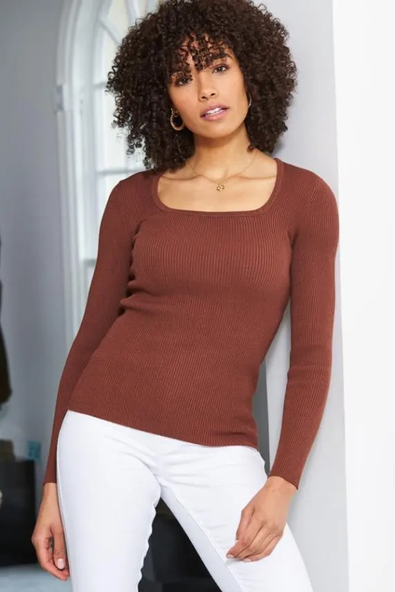 Sosandar Chocolate Ribbed Scoop Neck Fine Knit Jumper Women Knitwear