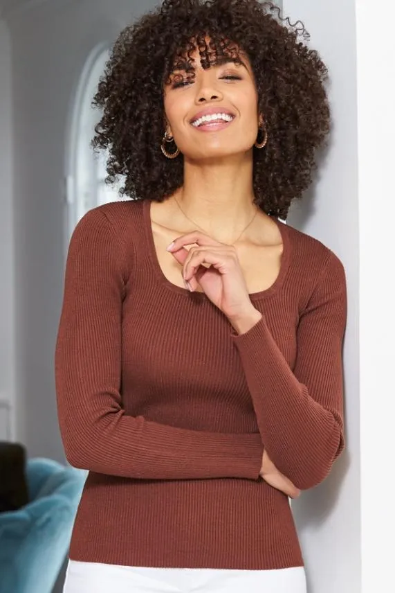 Sosandar Chocolate Ribbed Scoop Neck Fine Knit Jumper Women Knitwear
