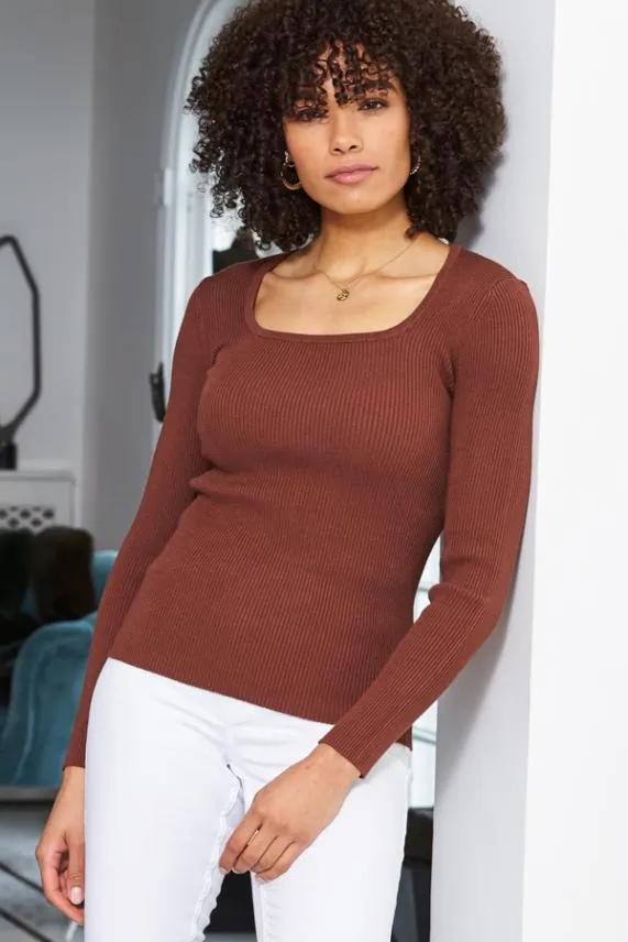 Sosandar Chocolate Ribbed Scoop Neck Fine Knit Jumper Women Knitwear