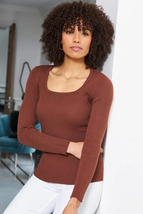 Sosandar Chocolate Ribbed Scoop Neck Fine Knit Jumper Women Knitwear