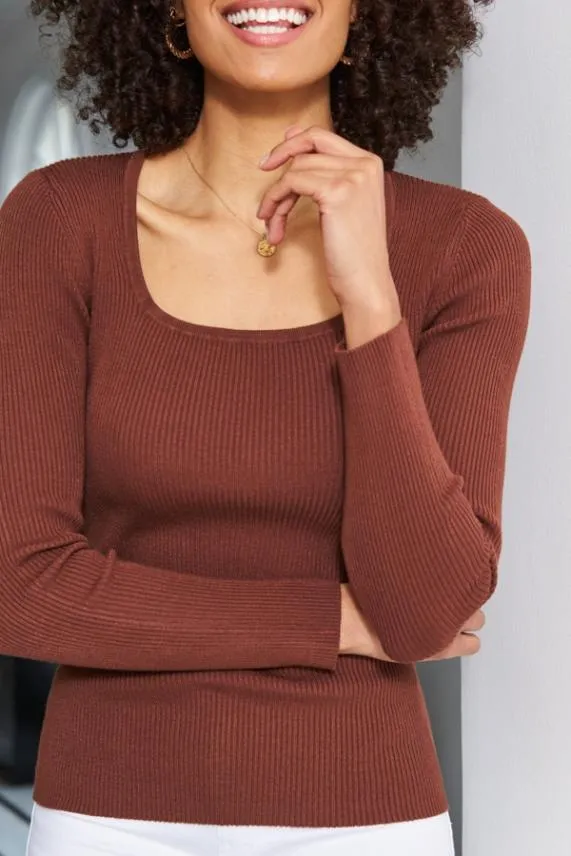 Sosandar Chocolate Ribbed Scoop Neck Fine Knit Jumper Women Knitwear