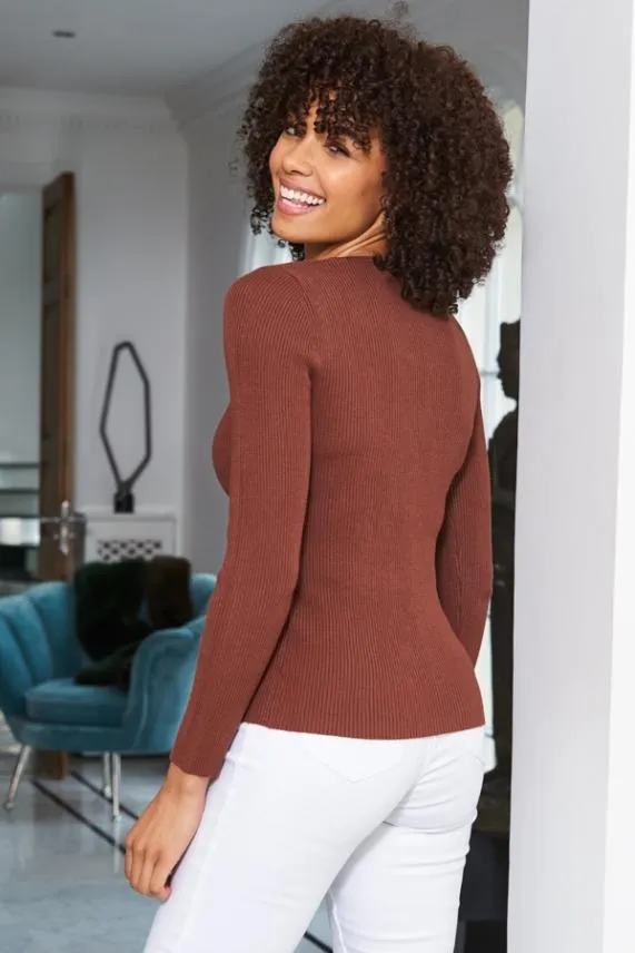 Sosandar Chocolate Ribbed Scoop Neck Fine Knit Jumper Women Knitwear