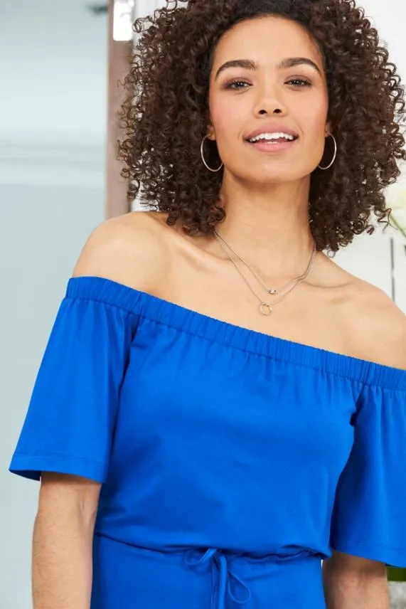Sosandar Cobalt Blue Tie Waist Bardot Jersey Dress Cobalt Blue Women Dresses