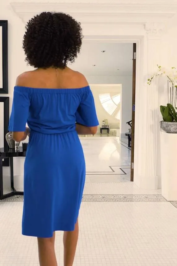 Sosandar Cobalt Blue Tie Waist Bardot Jersey Dress Cobalt Blue Women Dresses