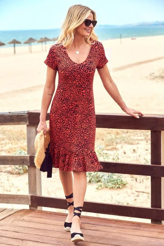 Sosandar Coral and Black Leopard Print Relaxed Fit Jersey Dress Coral Black Women Dresses