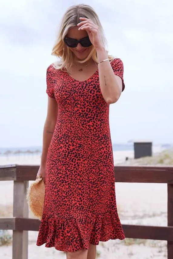 Sosandar Coral and Black Leopard Print Relaxed Fit Jersey Dress Coral Black Women Dresses