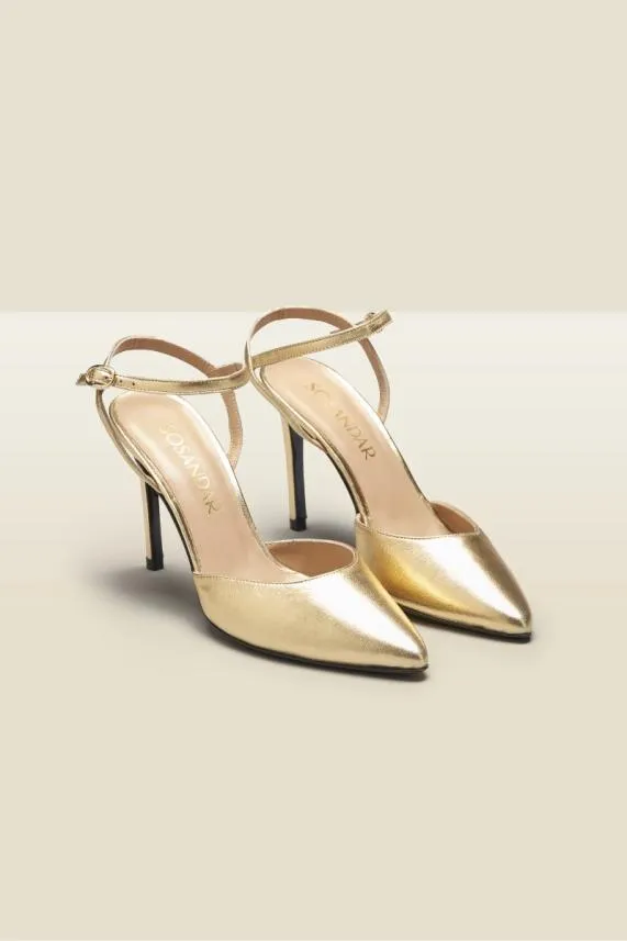 Sosandar Cosmic Gold Leather Strap Point Heel Shoe Women Heels