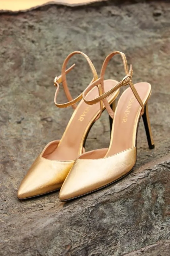 Sosandar Cosmic Gold Leather Strap Point Heel Shoe Women Heels