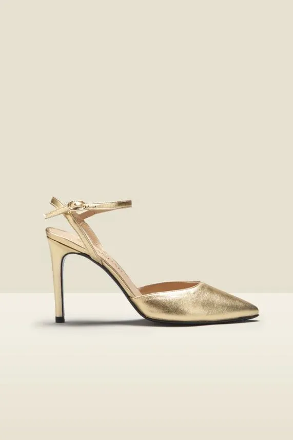 Sosandar Cosmic Gold Leather Strap Point Heel Shoe Women Heels