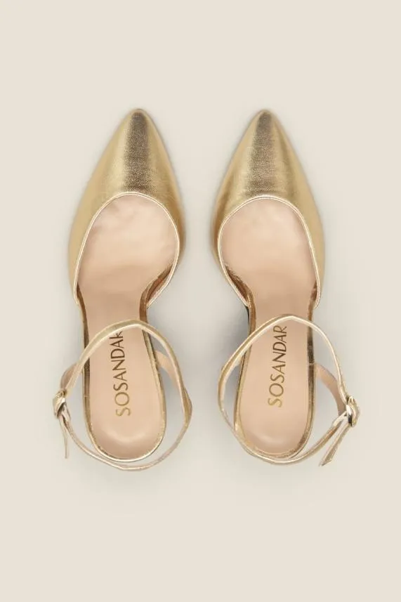 Sosandar Cosmic Gold Leather Strap Point Heel Shoe Women Heels