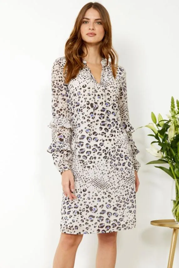 Sosandar Cream Abstract Animal Print Ruffle Sleeve Dress Cream Women Dresses