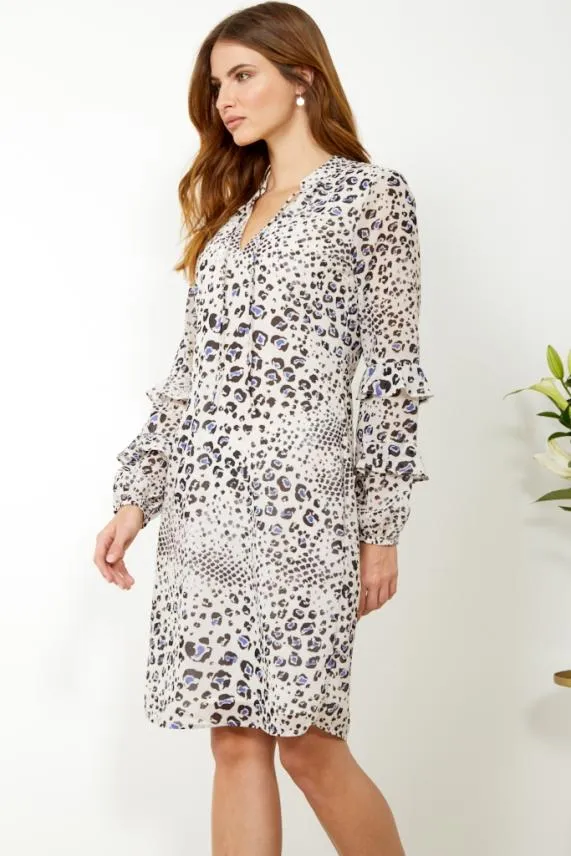 Sosandar Cream Abstract Animal Print Ruffle Sleeve Dress Cream Women Dresses