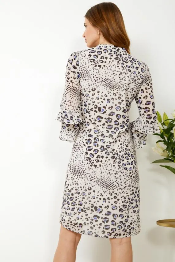 Sosandar Cream Abstract Animal Print Ruffle Sleeve Dress Cream Women Dresses