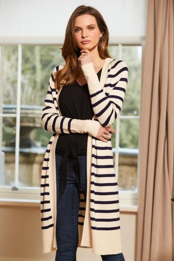 Sosandar Cream and Navy Striped Longline Knitted Cardigan Cream Navy Women Jackets and Coats Sosandar Cream and Navy Striped Longline Knitted Cardigan Cream Navy Women Jackets and Coats