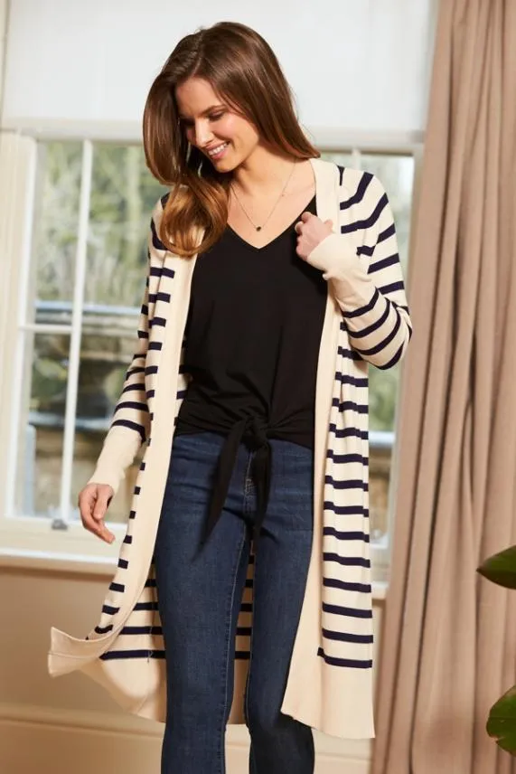 Sosandar Cream and Navy Striped Longline Knitted Cardigan Cream Navy Women Jackets and Coats