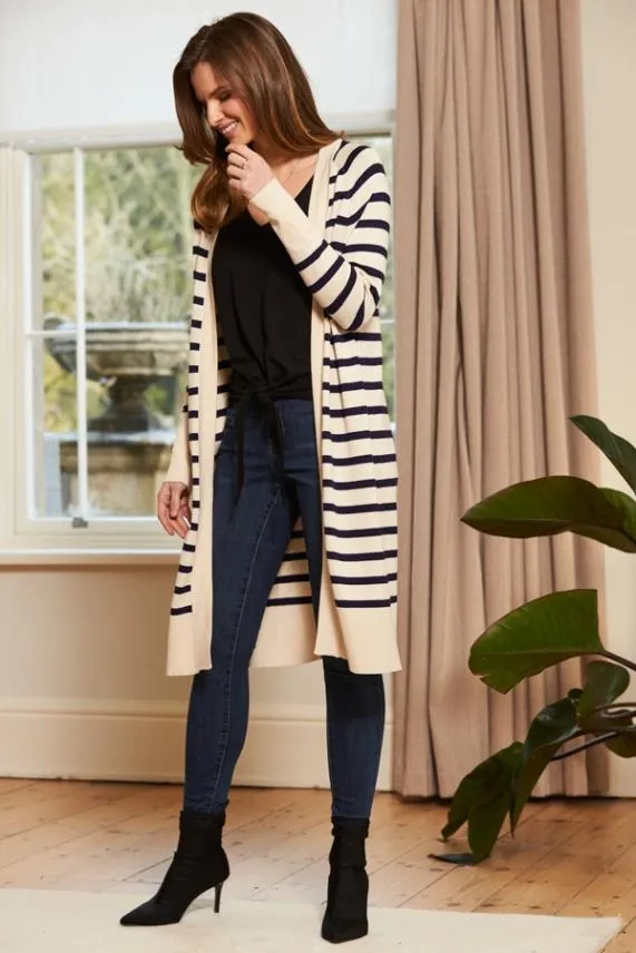 Sosandar Cream and Navy Striped Longline Knitted Cardigan Cream Navy Women Jackets and Coats