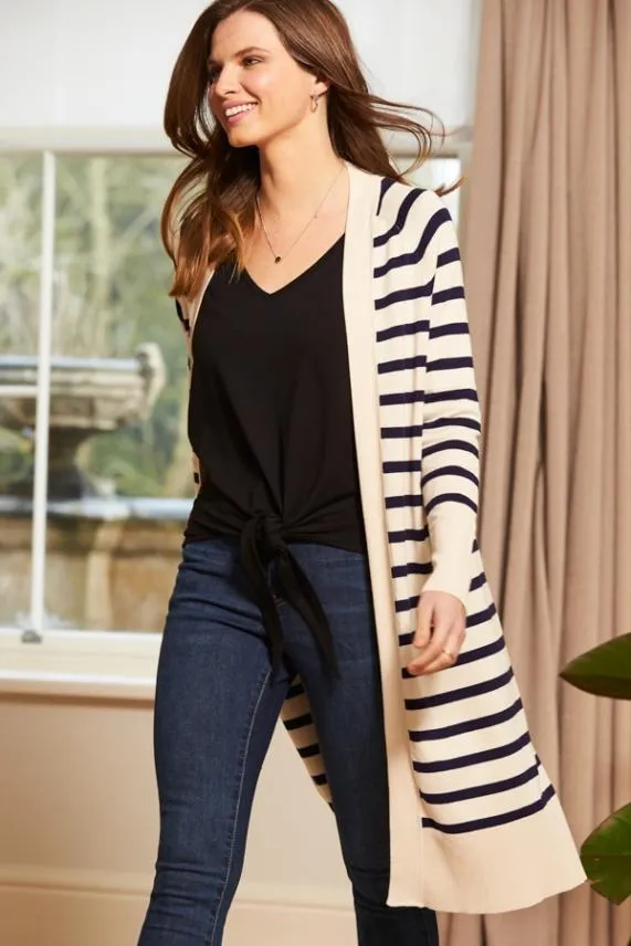 Sosandar Cream and Navy Striped Longline Knitted Cardigan Cream Navy Women Jackets and Coats