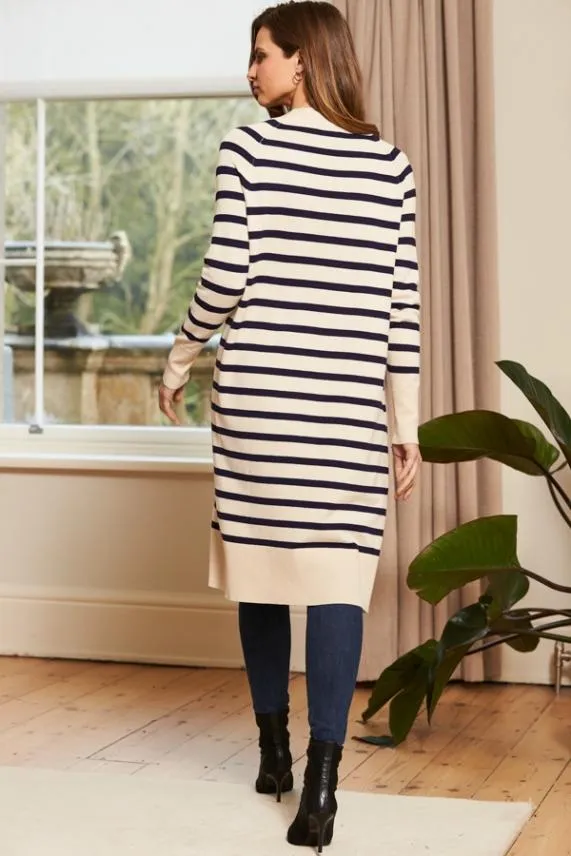 Sosandar Cream and Navy Striped Longline Knitted Cardigan Cream Navy Women Jackets and Coats