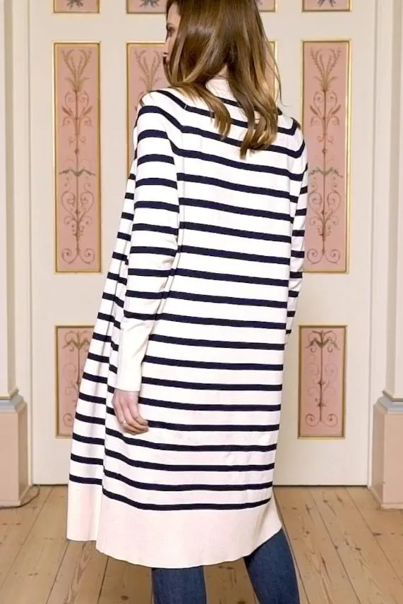 Sosandar Cream and Navy Striped Longline Knitted Cardigan Cream Navy Women Jackets and Coats
