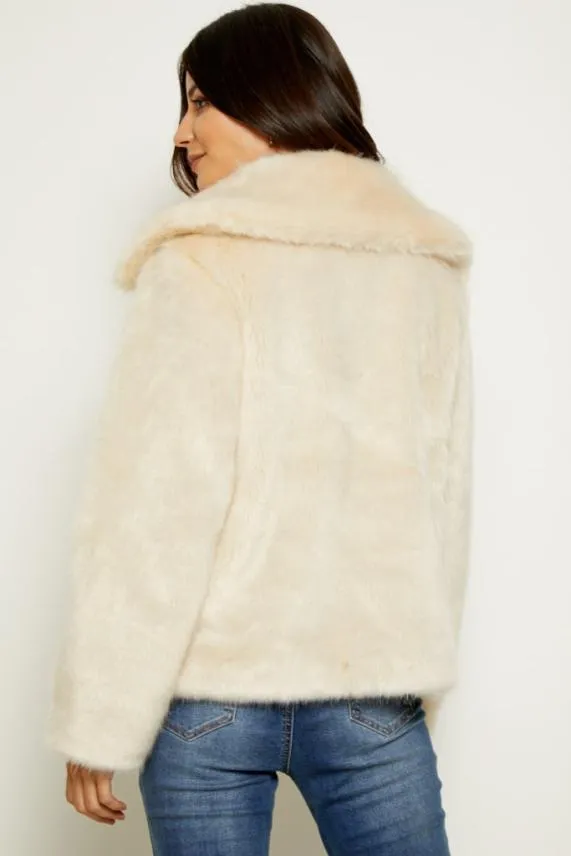 Sosandar Cream Faux Fur Cropped Jacket Cream Women Jackets and Coats