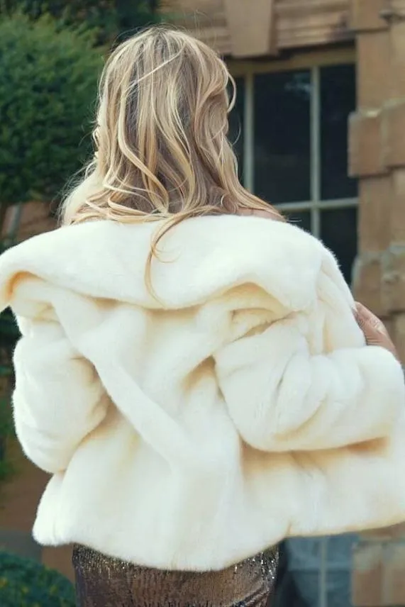 Sosandar Cream Faux Fur Cropped Jacket Cream Women Jackets and Coats
