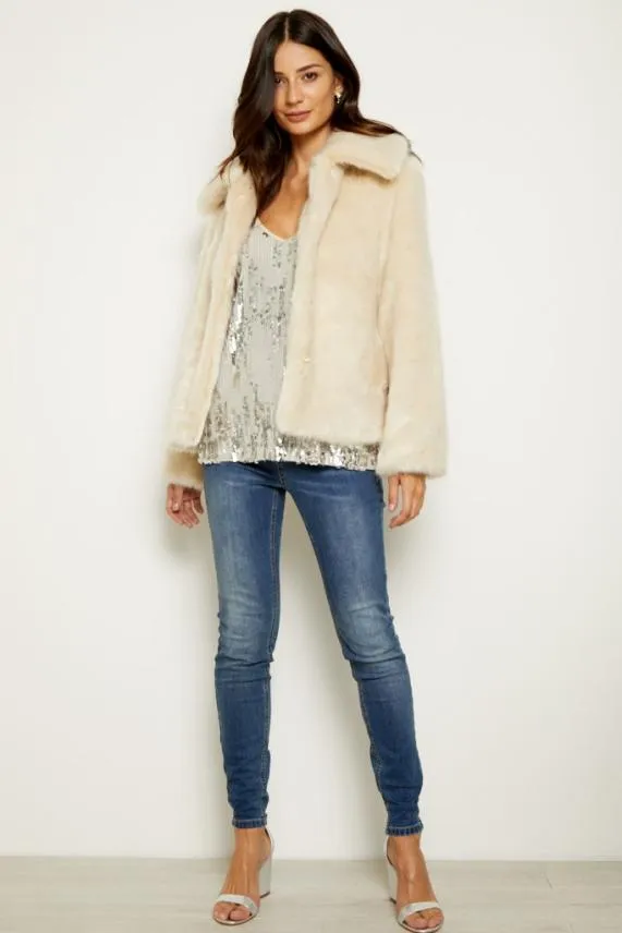 Sosandar Cream Faux Fur Cropped Jacket Cream Women Jackets and Coats