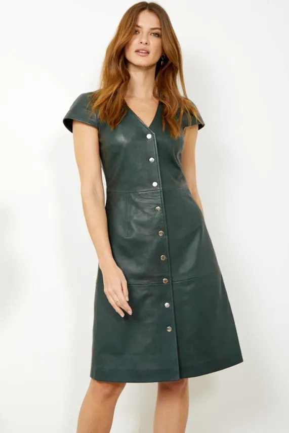Sosandar Dark Green Leather V Neck Popper Front Dress Dark Green Women Dresses