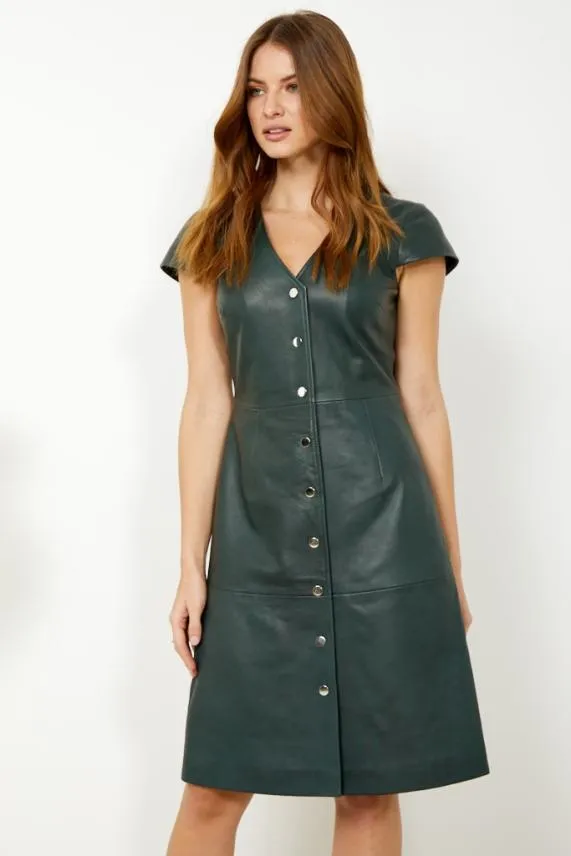 Sosandar Dark Green Leather V Neck Popper Front Dress Dark Green Women Dresses