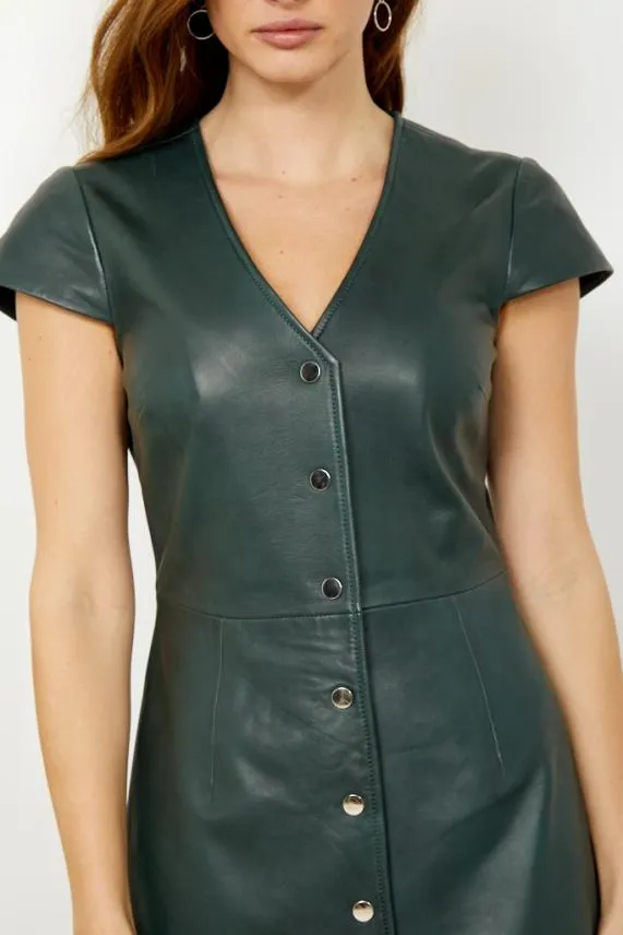 Sosandar Dark Green Leather V Neck Popper Front Dress Dark Green Women Dresses