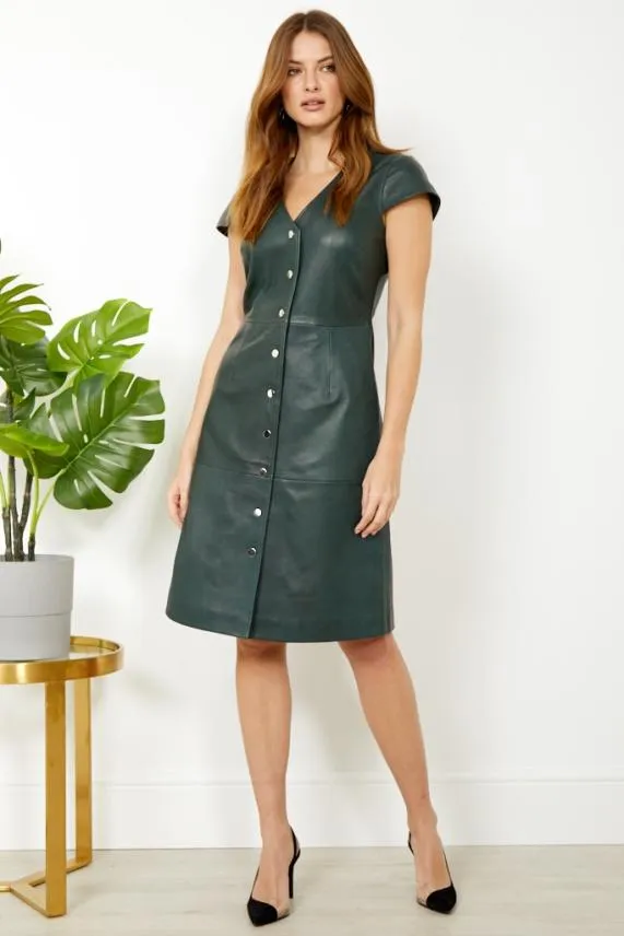 Sosandar Dark Green Leather V Neck Popper Front Dress Dark Green Women Dresses