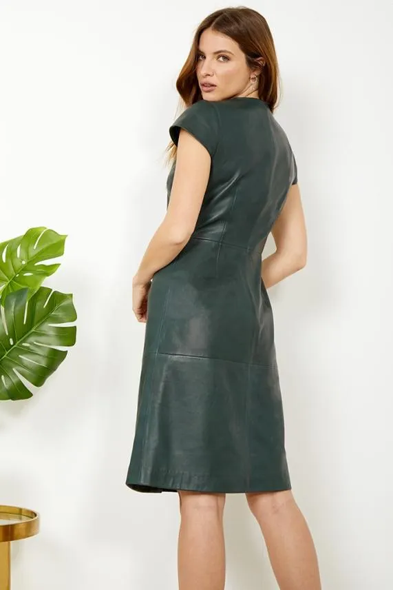 Sosandar Dark Green Leather V Neck Popper Front Dress Dark Green Women Dresses