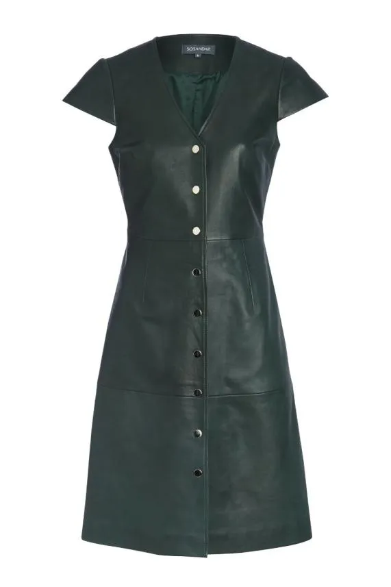 Sosandar Dark Green Leather V Neck Popper Front Dress Dark Green Women Dresses