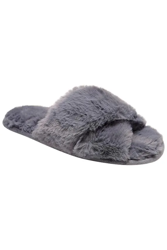 Sosandar Dark Grey Faux Fur Cross Strap Slippers Grey Women Slippers