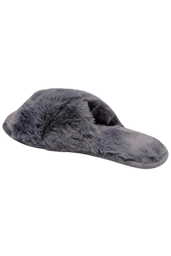 Sosandar Dark Grey Faux Fur Cross Strap Slippers Grey Women Slippers