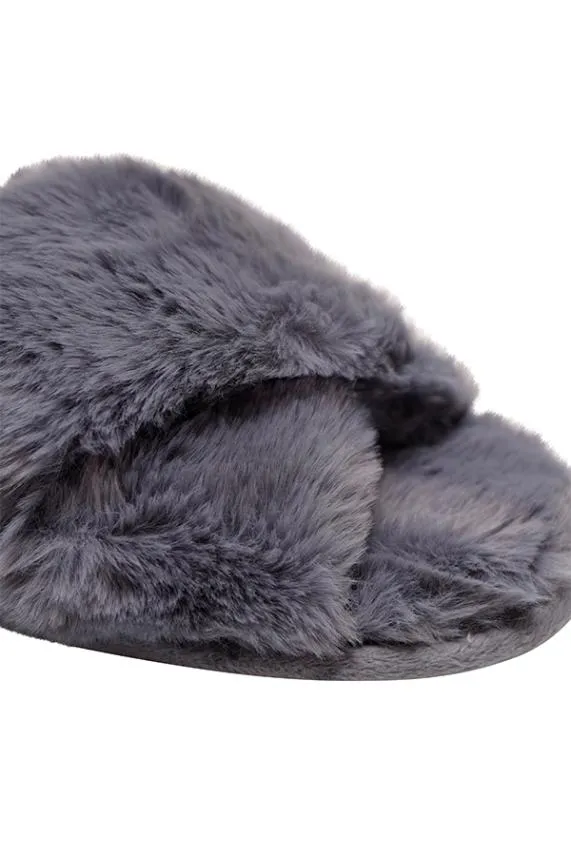 Sosandar Dark Grey Faux Fur Cross Strap Slippers Grey Women Slippers