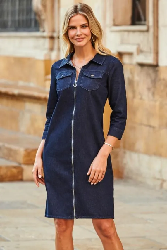 Sosandar Dark Indigo Blue Zip Front Denim Shift Dress Dark Indigo Blue Women Dresses