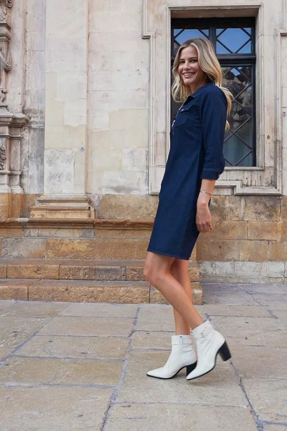 Sosandar Dark Indigo Blue Zip Front Denim Shift Dress Dark Indigo Blue Women Dresses