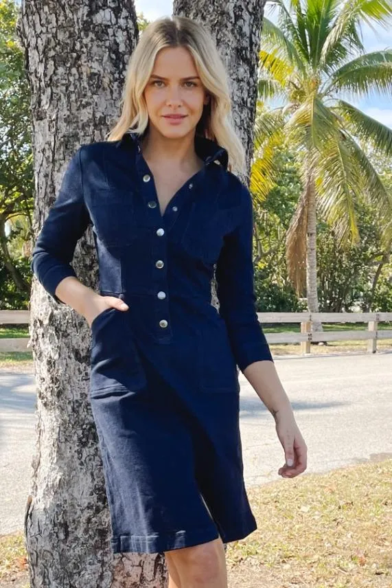 Sosandar Dark Indigo Popper Front 34 Sleeve Stretch Denim Dress Dark Indigo Women Dresses Sosandar Dark Indigo Popper Front 34 Sleeve Stretch Denim Dress Dark Indigo Women Dresses